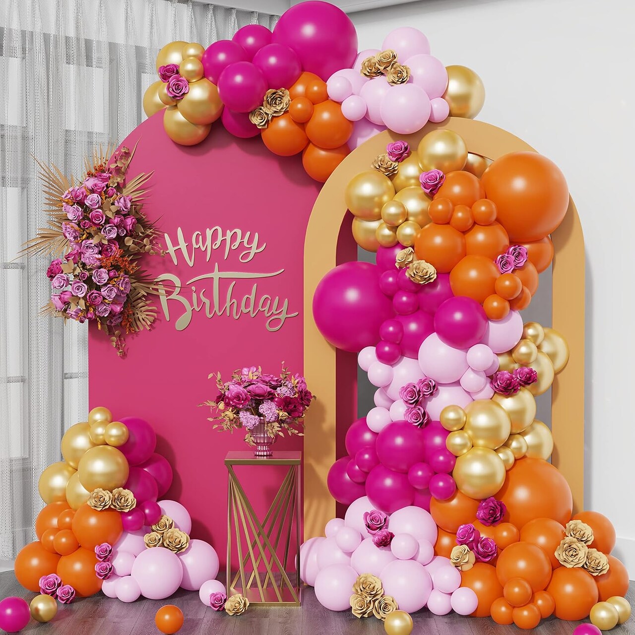 Pink and Orange Balloon Garland Arch Kit, 158pcs Pink Orange and Chrome Metallic Gold Balloons for Birthday Baby Shower Tropical Party Supplies Summer Party Decorations (Hot Pink)